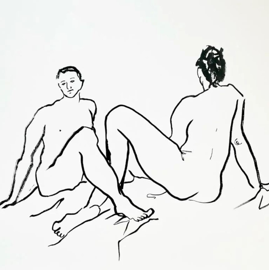A pencil drawing of nude models, one facing the creator, the other facing away.