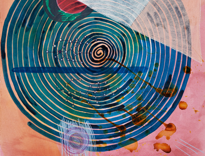 An abstract in watercolour largely with a pinkish hue in the background, a blue-green, spiral in the foreground with a small number of circular and triangular shapes on and around it.