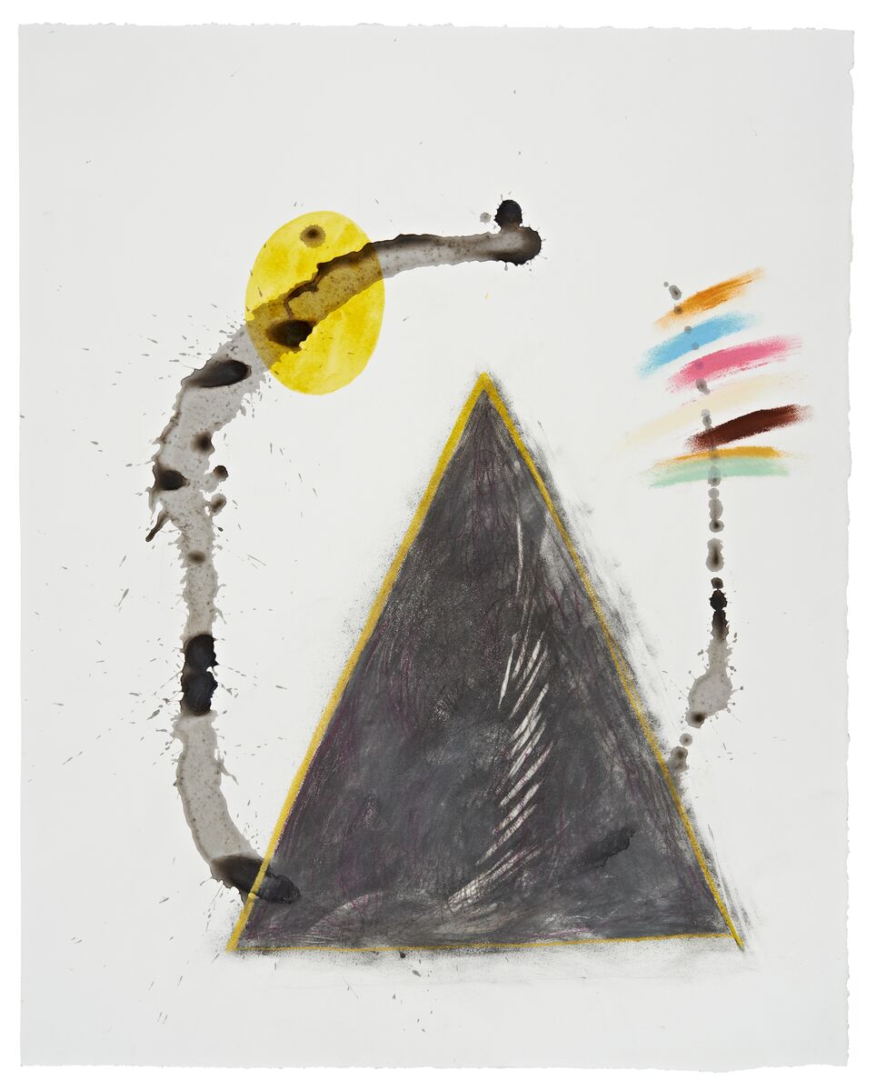An abstract in watercolour, a grey triangular shape on a white background. From the triangle protrude arm-like shapes; one on the left grey and black, stretching up to towards the top of the picture and in front of a yellow egg shape, while one on the right is thinner with five, different coloured brush strokes going through it at its top.