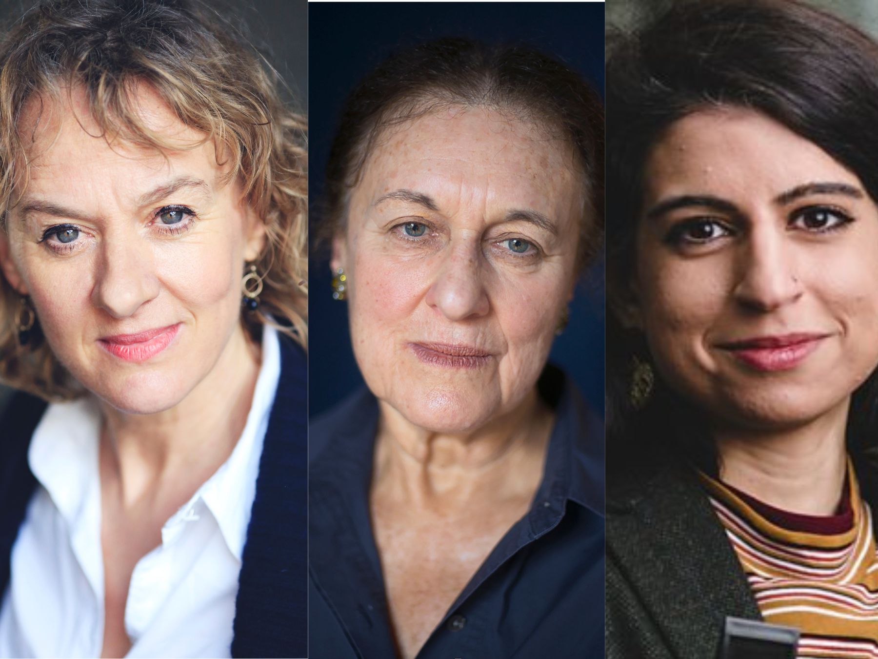 A colour photo collage of Niamh Cusack, Lyndall Gordon and Noreen Masud