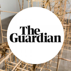  The Guardian logo on circular icon, with a background image of Rodrigo Arteaga's Installation Work