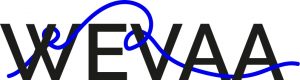 a logo for WEVAA - black text with a bright blue squiggle running through itttering with a blue 