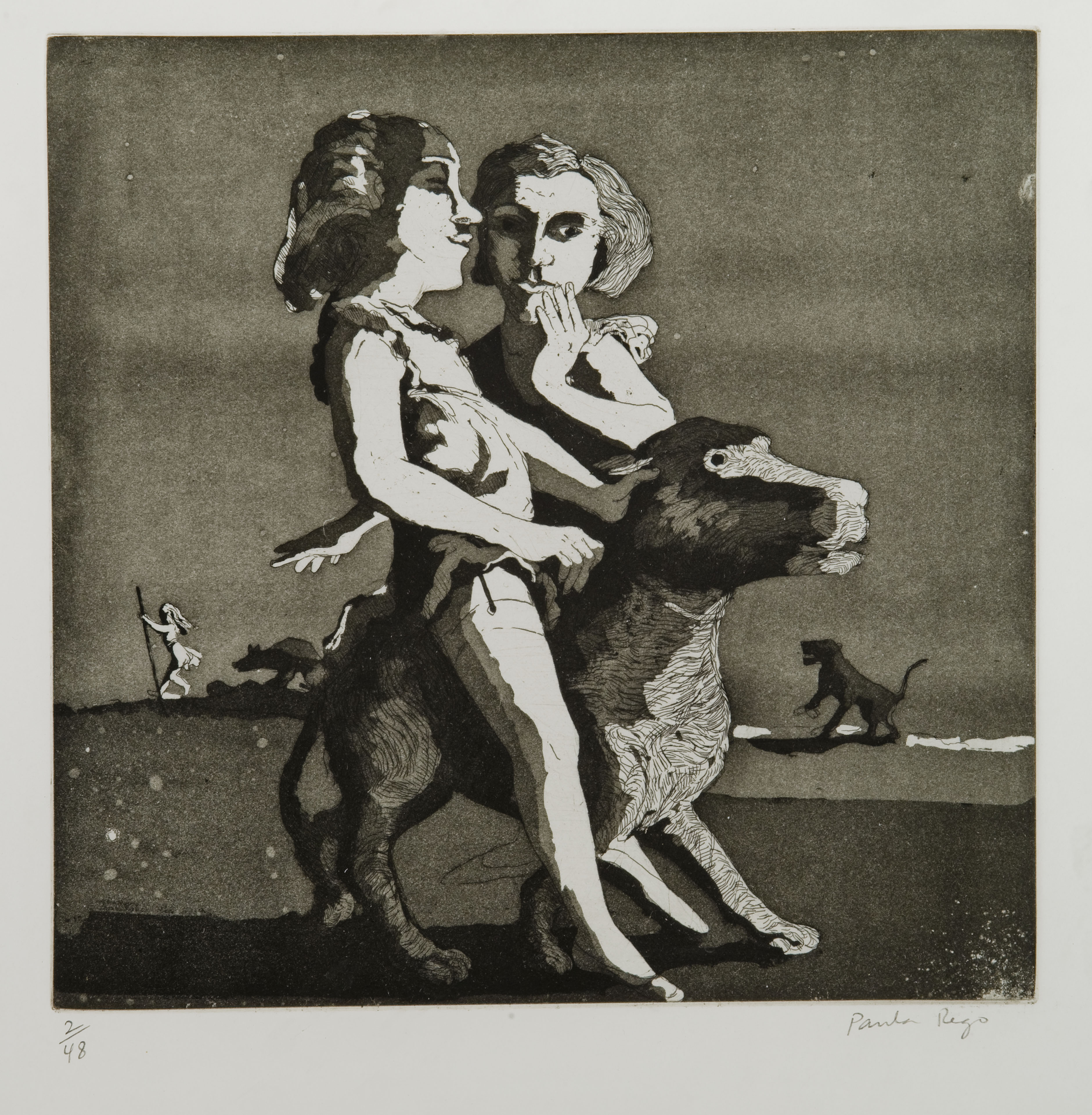 A mono etching and aquatint. In the foreground are two young girls, one sat astride a large dog, her feet on the ground. Behind her is another girl, hand held to her mouth as if whispering to the other. Both wear white blouses with frilled, sleeves, cropped at the shoulder. The dog has its ears pulled back and looks alarmed. In the distant background is another girl, with large spear in hand striding forth wearing a short, white dress. Following behind are two large, dark dogs, pictured either side of the girls in the foreground.