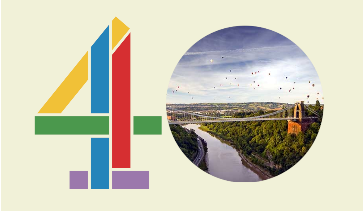 A graphic of the iconic channel 4 logo - a numerical 4 in yellow, blue, green and lilac - next to an image of Clifton Suspension Bridge, hot air balloons in the sky behind.