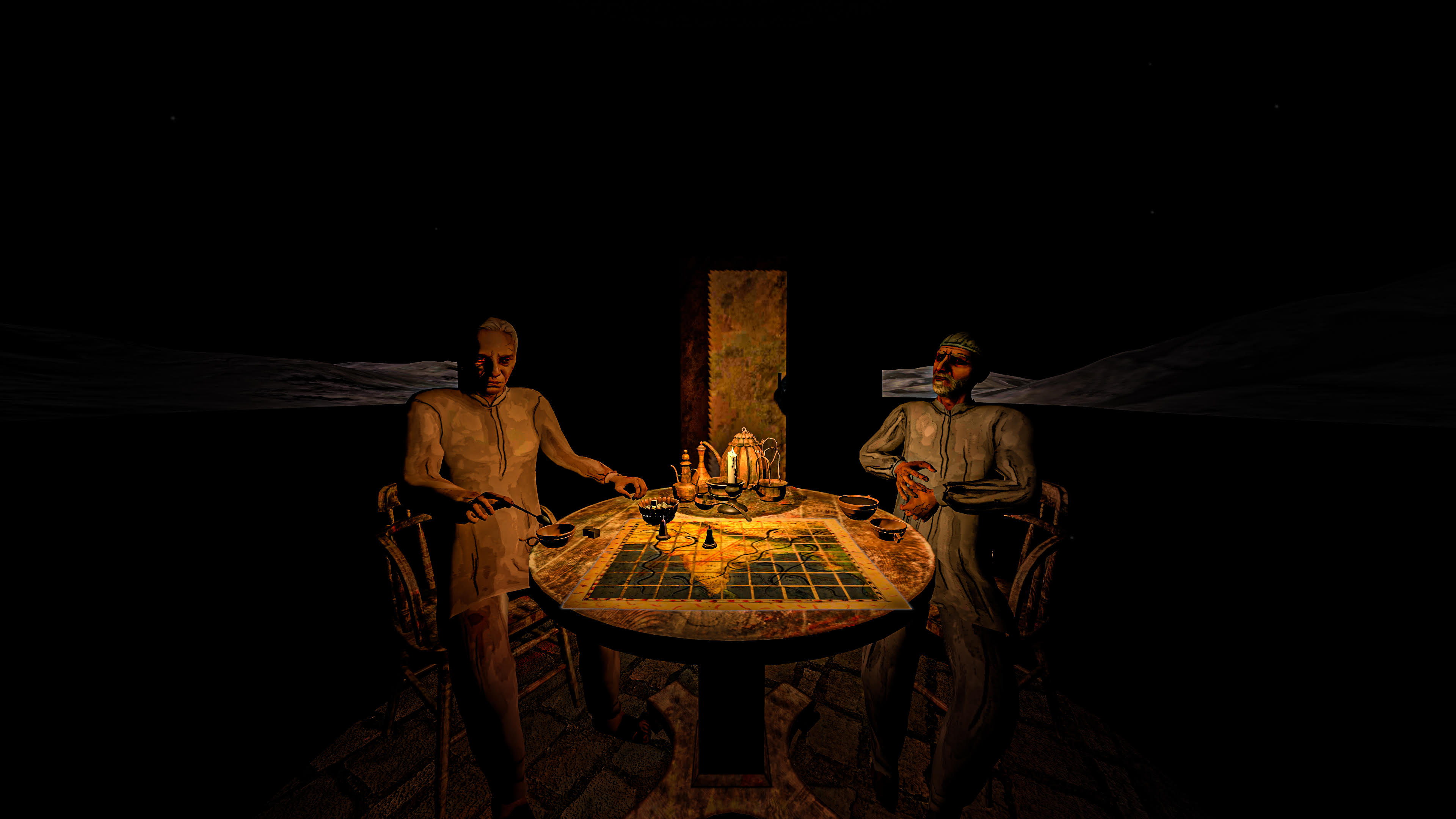 A colour graphic of two people sat at a table in a dimly candle lit room. On the table there is a map, cups and a coffee pot.