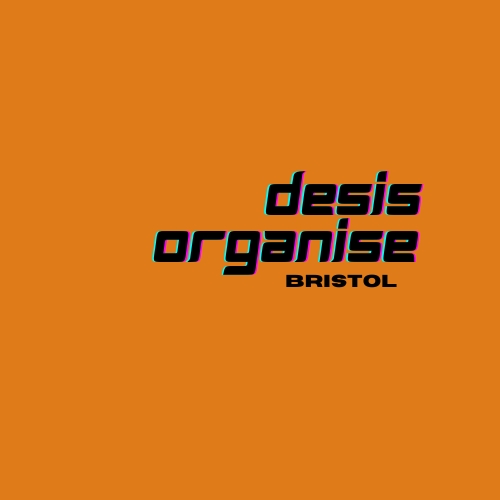 Otrange square with Desis Organise Bristol in black text and aligned to the right.