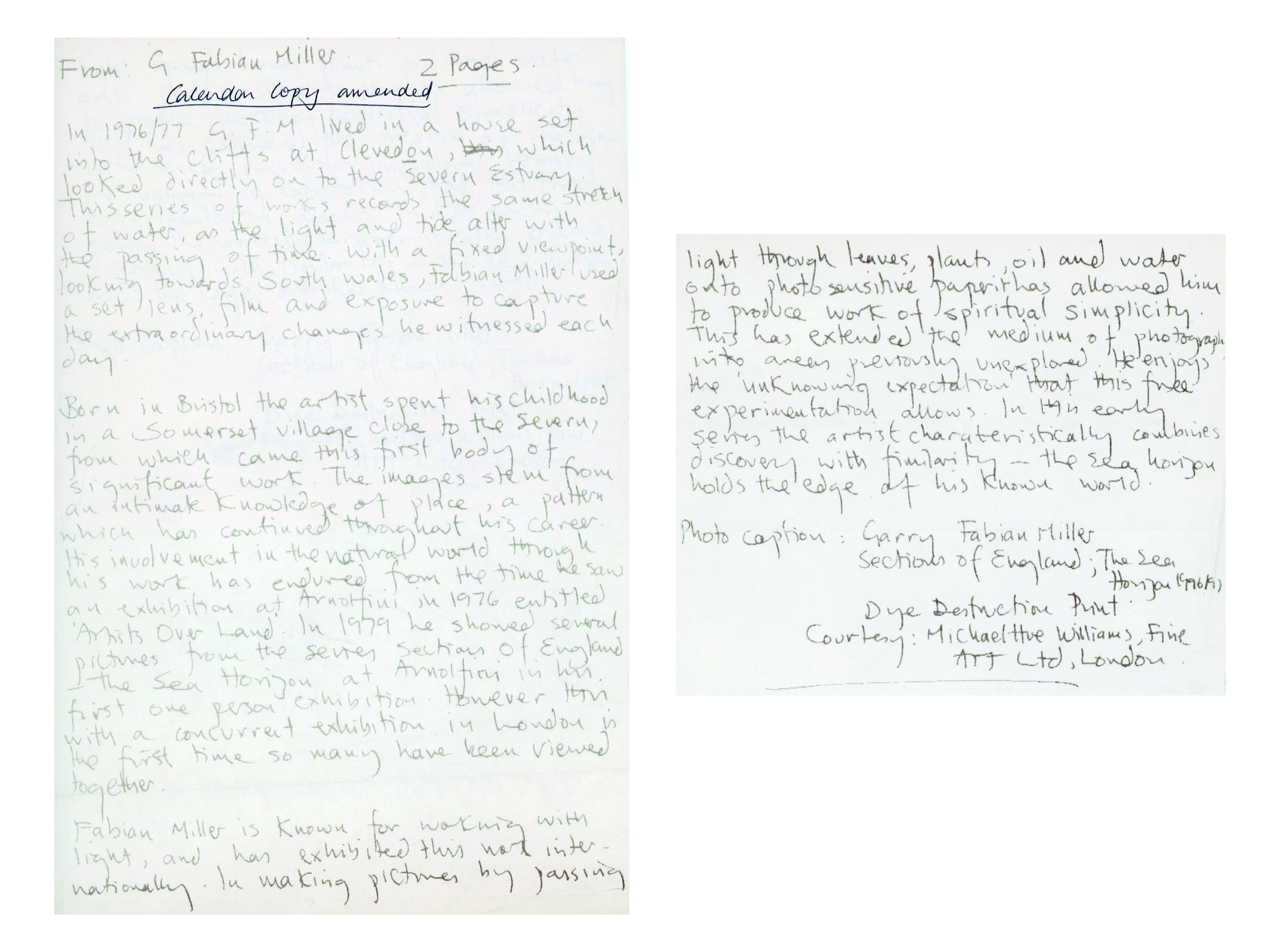 'Calendar Copy' draft handwritten by Garry Fabian Miller for Arnolfini's 1997 exhibition of Sections of England: The Sea Horizon 1976/77. © Garry Fabian Miller