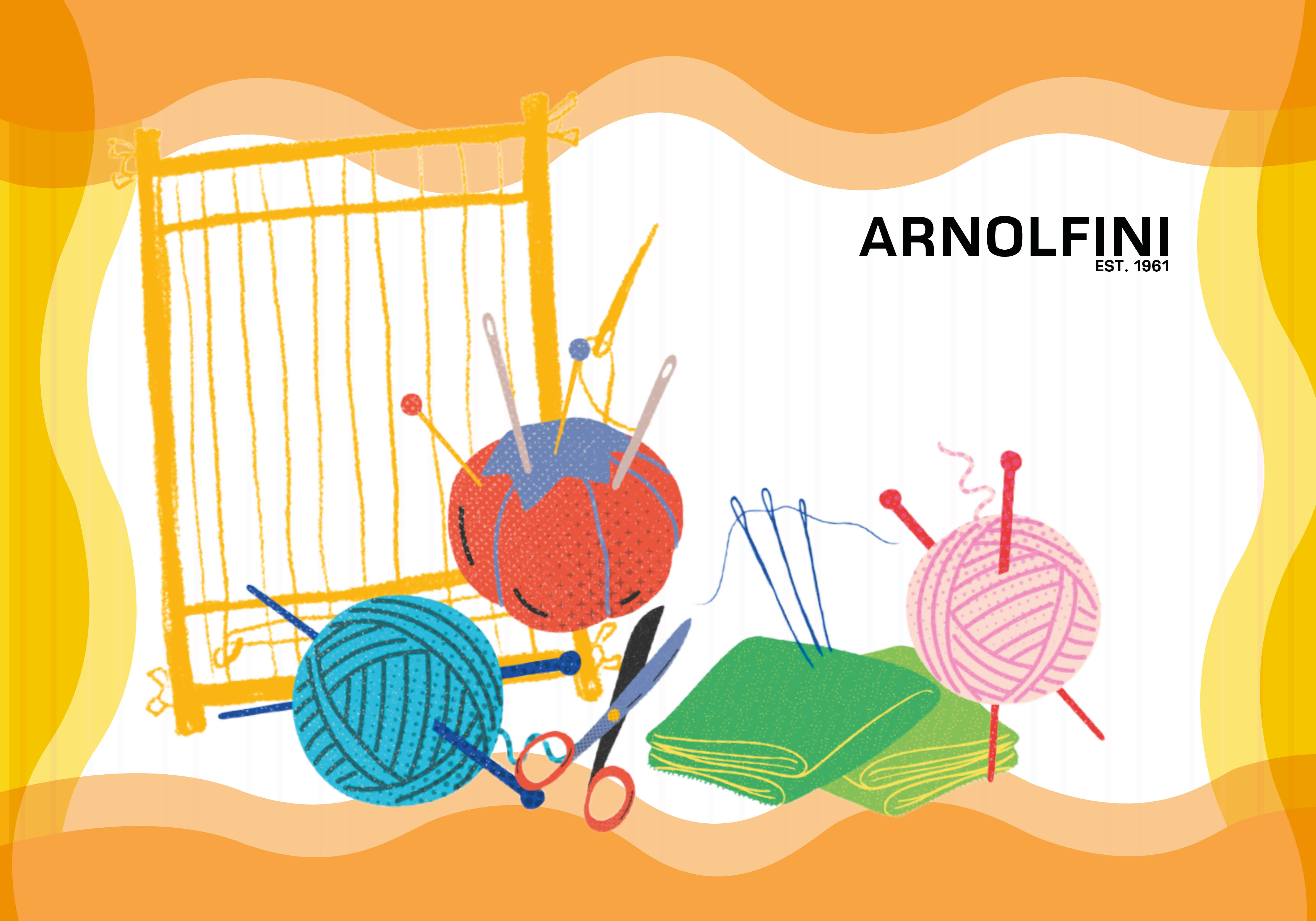Illustration of a weaving loom, knitting needles and a crochet hook in a ball of yarn, needles, a pair of scissors, and cloth.