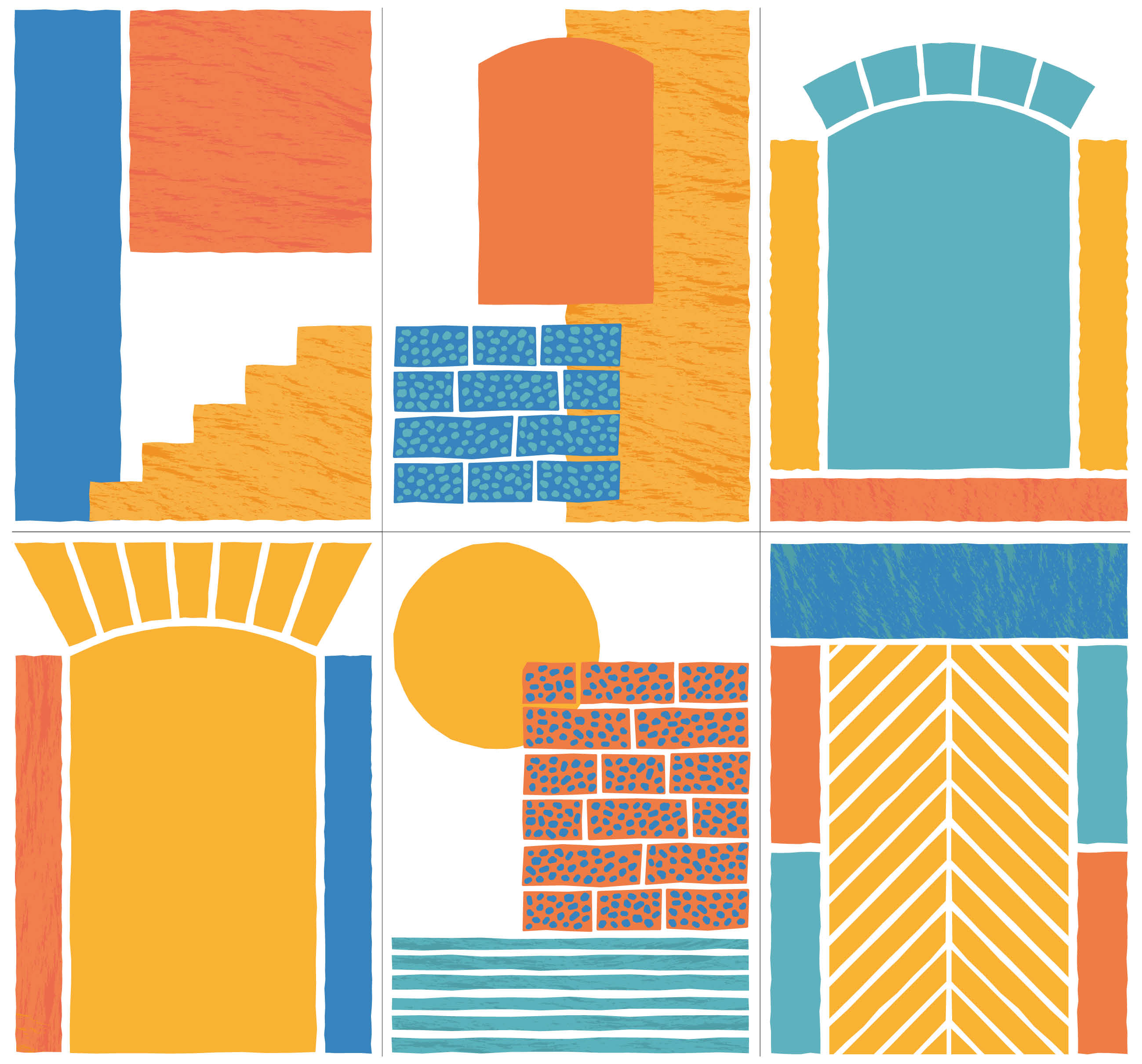 A grid of 6 illustrations that look like shapes taken from Arnolfini's building in orange, yellow, and teal.