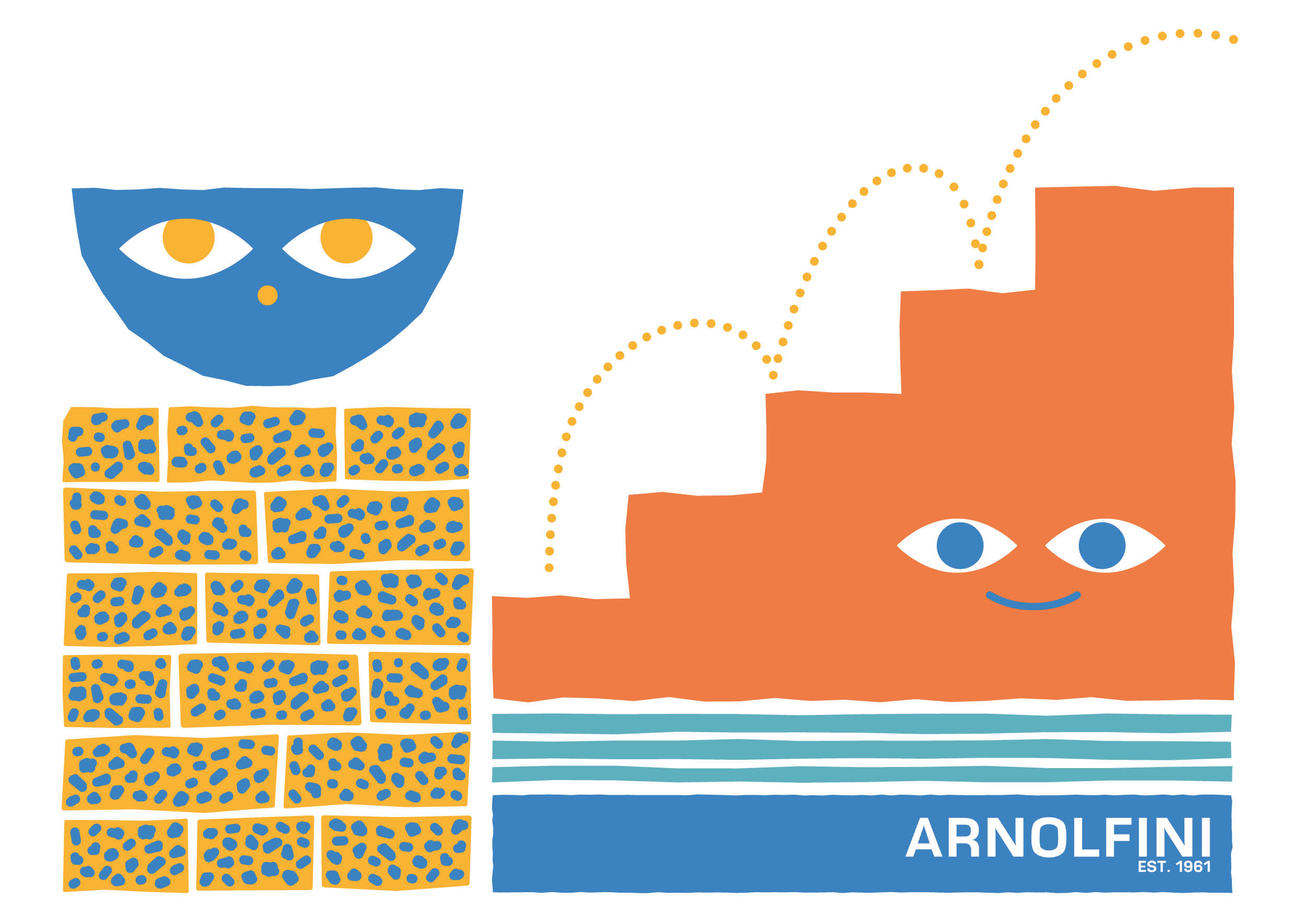 An illustration of a blue semi-circle with eyes, an orange staircase with a smiley face, and the Arnolfini logo.