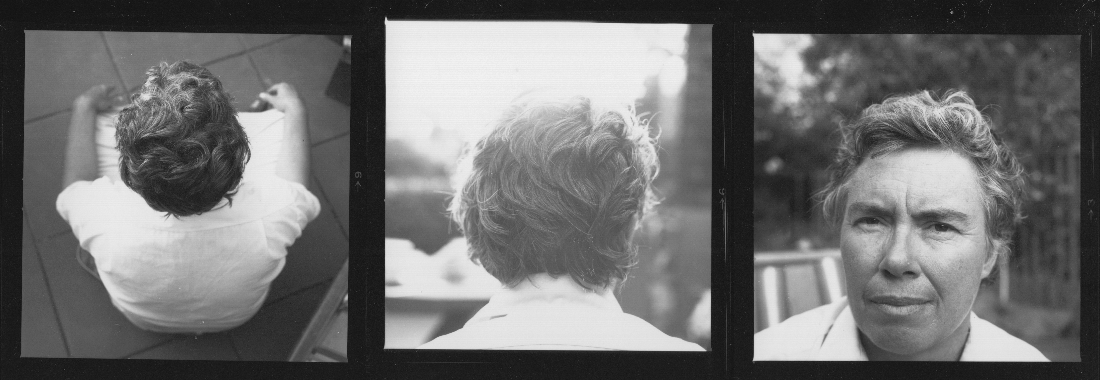 a black and white series of three photographs making up a triptych of Pauline Oliveros. The first of the back of her head, looking down from above, the second, the back of her head looking straight on, the third her face looking at the camera.