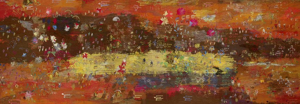 A coloured photograph of artist Alice Kettle's textiles work called Ground (2018) in earthy shades of brown, orange, reds, with embroidery.  