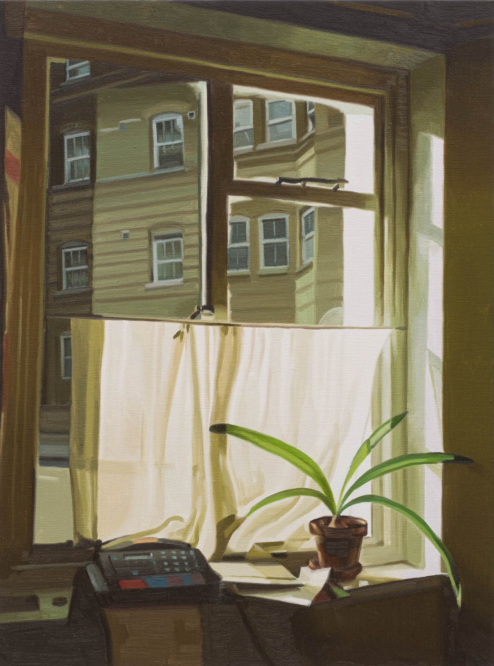 an oil painting of a desk next to a window, covered by a white linen curtain