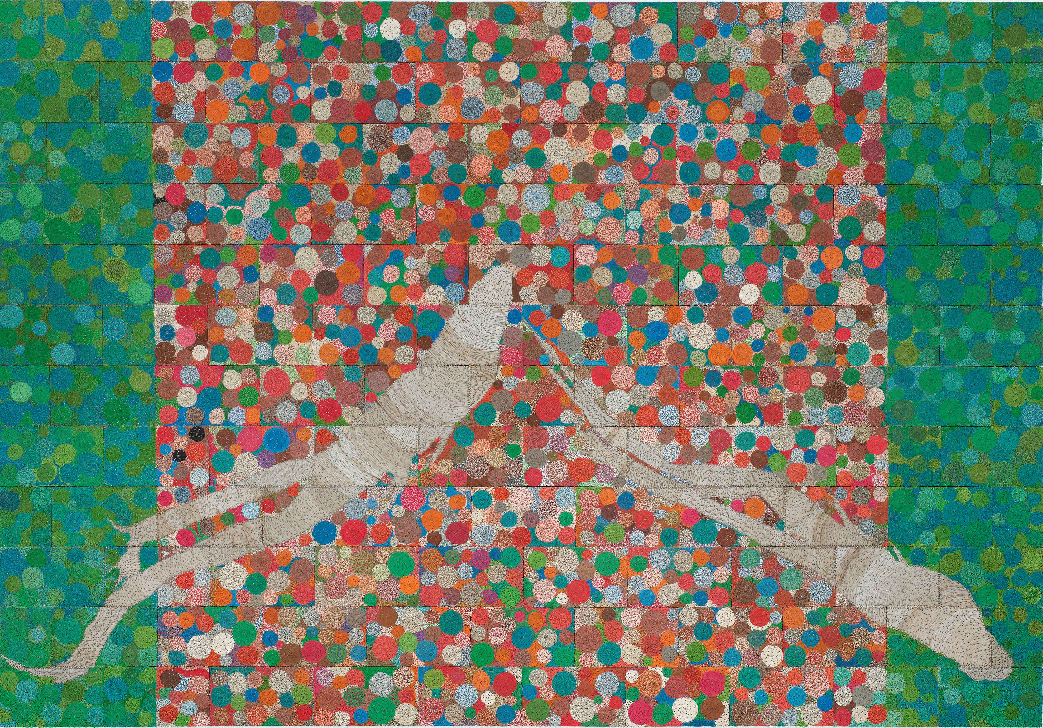 Image shows an artwork titled Tightrope: Evolution (1), made by artist Elias Sime in 2017. It is made with reclaimed electrical wires on panel. Two white figures appear to be diving against a background of colourful, overlapping circles in colours of red, blue, orange, yellow and green. The background is made up of braided lengths of electrical wires, which have been nailed flat onto the surface with grey nails.