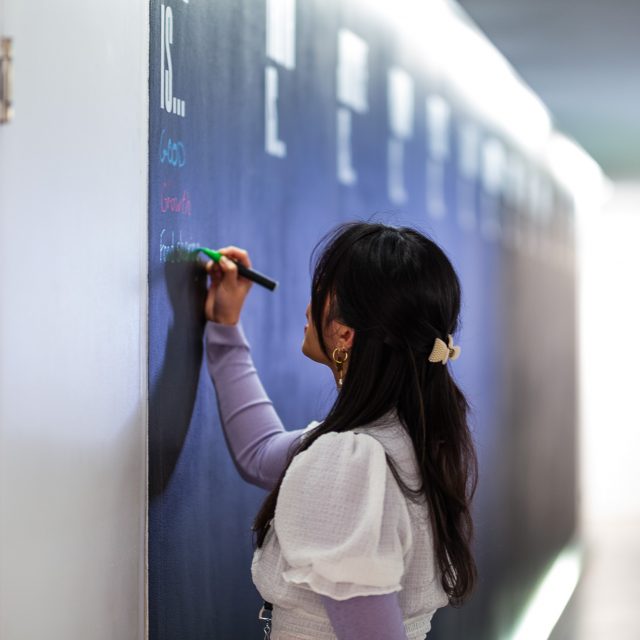 An image of a woman with long black hair, writing on a chalkboard wall.