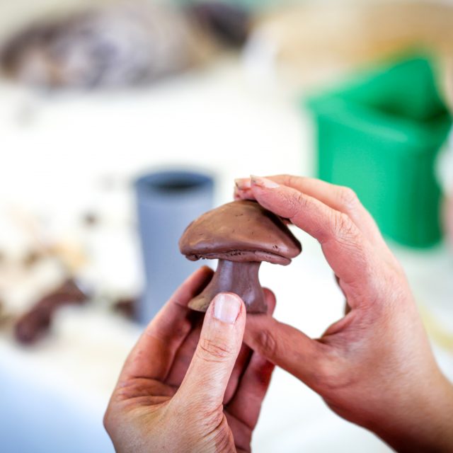 two hands are holding a mushroom moulded from clay