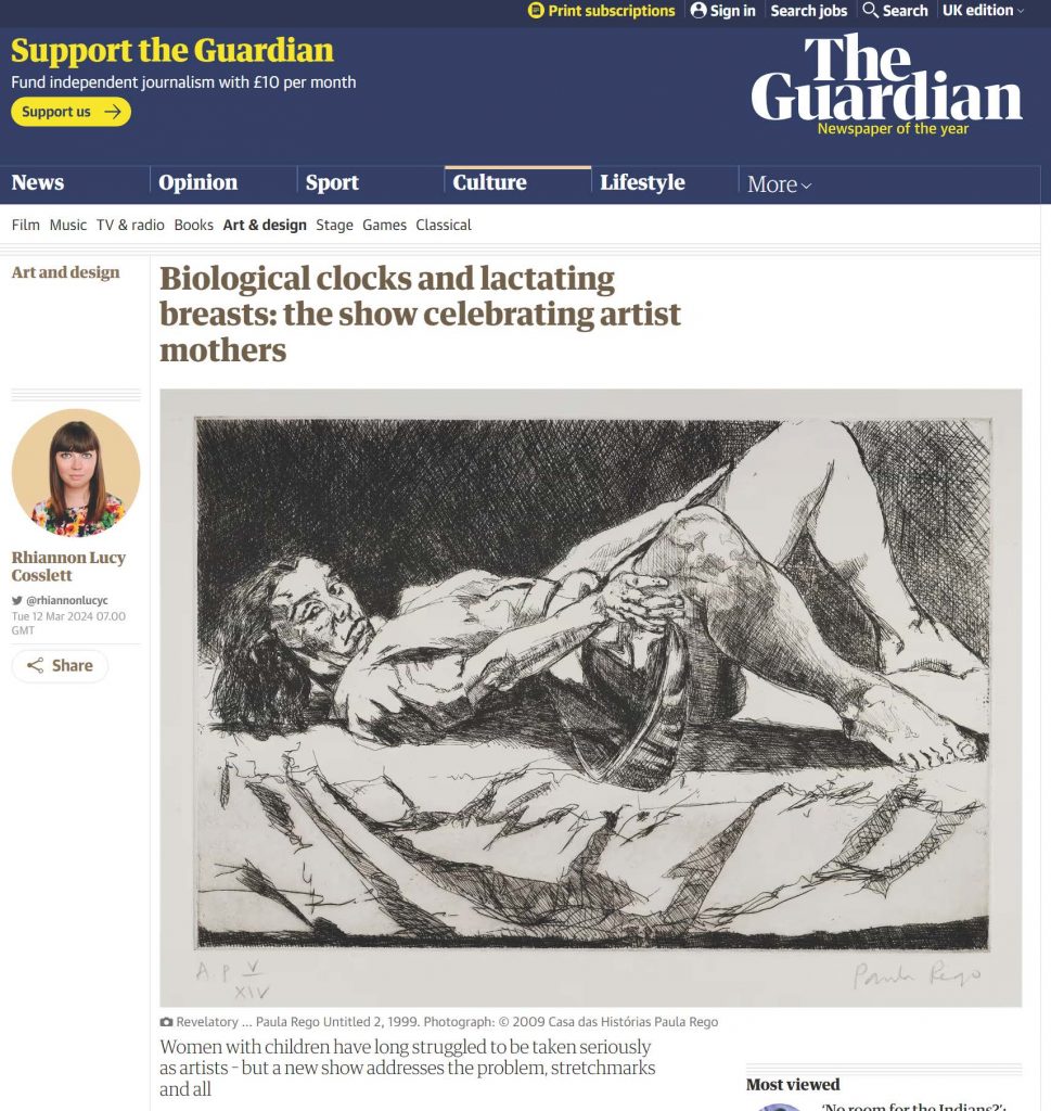 The Guardian feature headline and Paula Rego image of a woman giving birth.