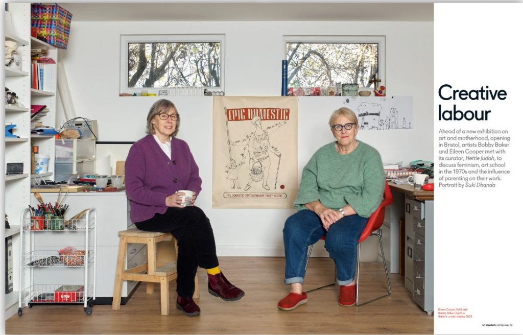 A screenshot of the piece from Art Quarterly entitled Creative labour and featuring a colour photograph of artists Bobby Baker and Eileen Cooper in a studio.