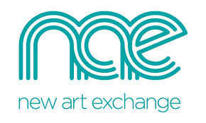 the logo for New Art Exchange - a white background with turquoise letters nae in cursive text  linking in to one another. underneath the works new art exchange.