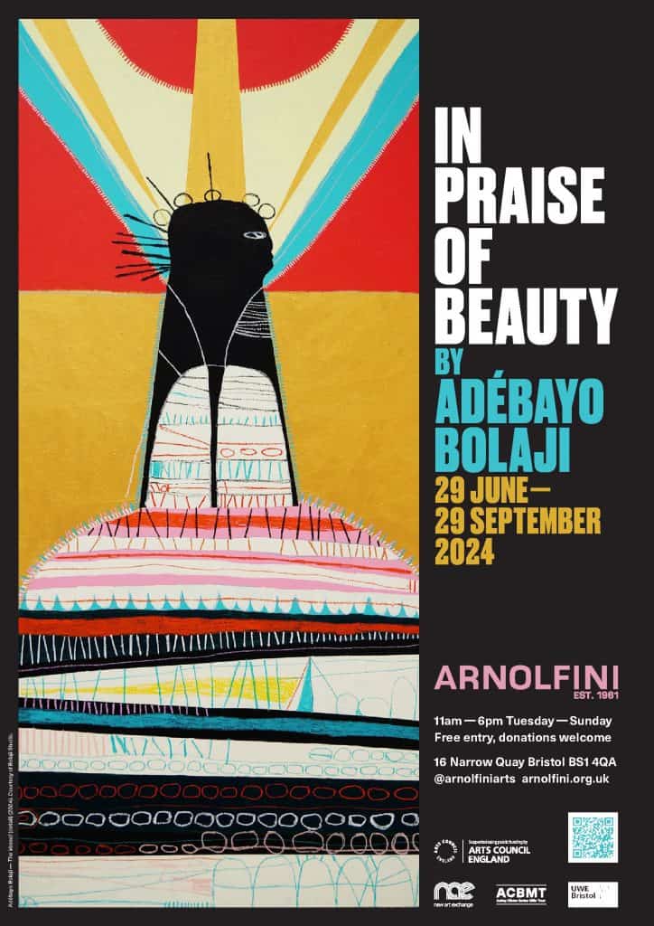 a poster advertising the exhibition Adébayo Bolaji : In Praise of Beauty featuring an artwork by the artist and text referring to the name of the artist, title of exhibition, dates and times.