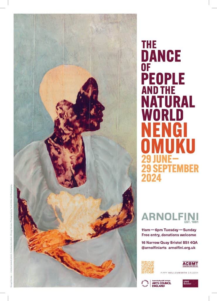 a poster advertising the exhibition Nengi Omuku : The Dance of People and the Natural World featuring an artwork by the artist and text referring to the name of the artist, title of exhibition, dates and times.